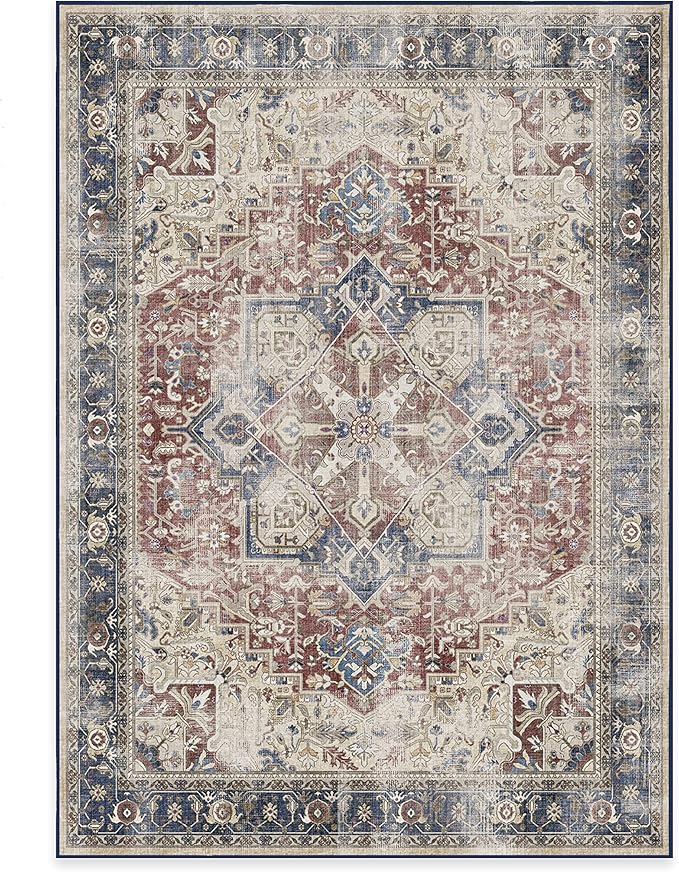 RUGGABLE Washable Vintage Area Rug – Kamran Royal Blue 5x7, Stain-Resistant, Non-Slip – Medium Machine Washable Rugs for Living Room, Bedroom, Hallway, Entryway & Office–with Standard Pad