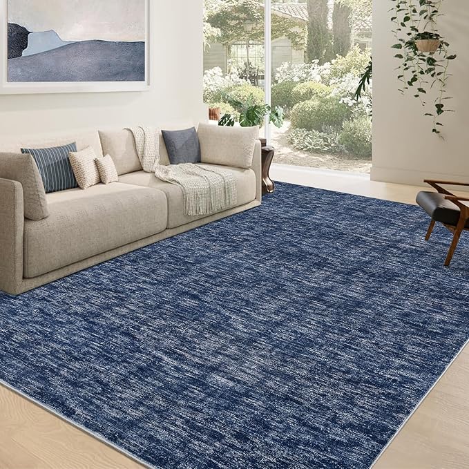RUGSREAL Living Room Area Rug 10x13 Modern Solid Color Large Bedroom Rug with Rubber Backing Stain Resistant Low Pile Dining Room Throw Carpet Contemporary Washable Rug for Home Decor Office, Blue