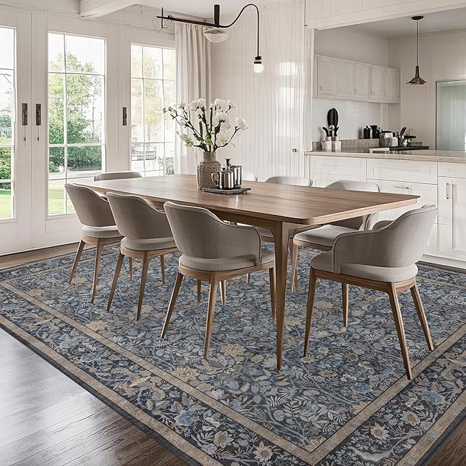 Washable Living Room Rug: 10x14 Boho Floral Soft Area Rug for Bedroom Decor - Vintage Low Pile Thin Carpet for Dining Room Non-Slip - Farmhouse Stain Resistant Rugs - Slate Blue