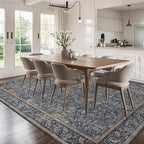 Washable Living Room Rug: 10x14 Boho Floral Soft Area Rug for Bedroom Decor - Vintage Low Pile Thin Carpet for Dining Room Non-Slip - Farmhouse Stain Resistant Rugs - Slate Blue
