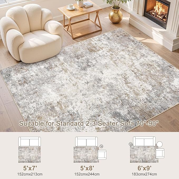 5x8 Area Rug Living Room Rugs - Washable Neutral Modern Abstract Soft Thin Large Rug Indoor Floor No Slip Rug Carpet for Bedroom Under Dining Table Home Office Decor - Brown Grey