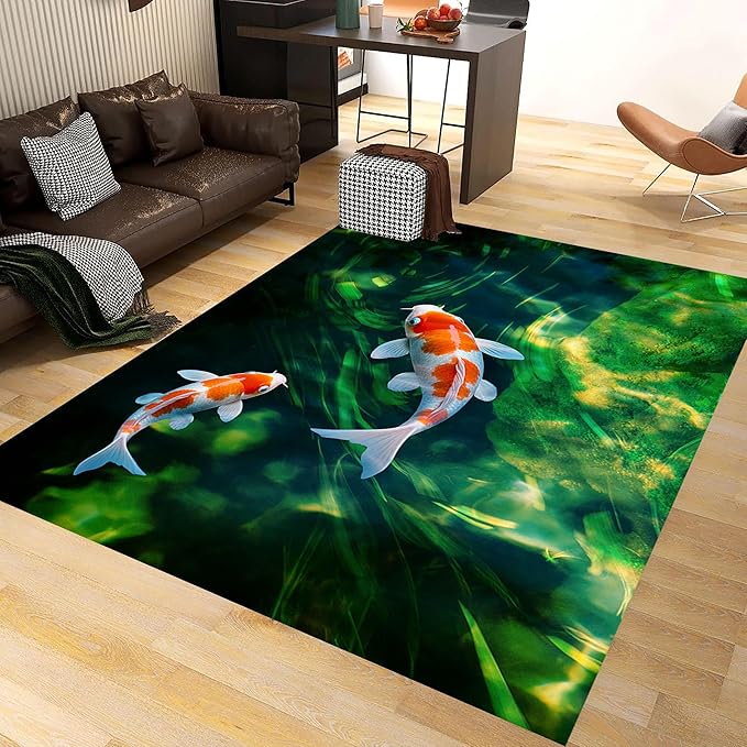 Green Pond Koi Fish Area Carpet, 6x9ft, 3D Realistic Underwater Koi Printed Carpets, Chinese Natural Landscape Soft Low Pile Rug, with Non Slip Backing Pet Friendly Rugs for Entryway