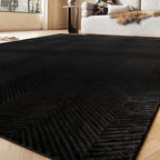 Area Rug for Living Room - 5x7 Soft Faux Rabbit Fur Modern Geometric Wave Carpet for Bedroom, Black