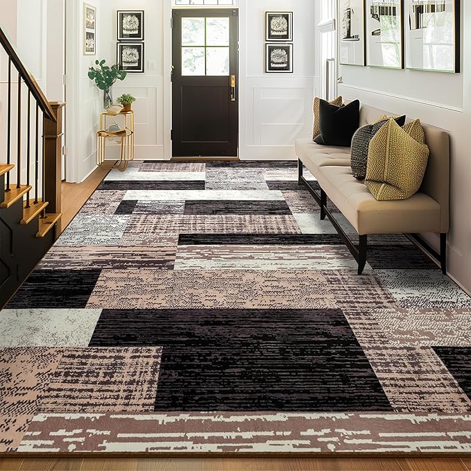 Large Area Rugs,Modern Geometric Patchwork Floor Decor for Bedroom Aesthetic Carpet, Rockwood Collection, Indoor Rugs for Living Room Dining Room Nursery Office Machine Washable Rug, 4x6 Ft Chocolate