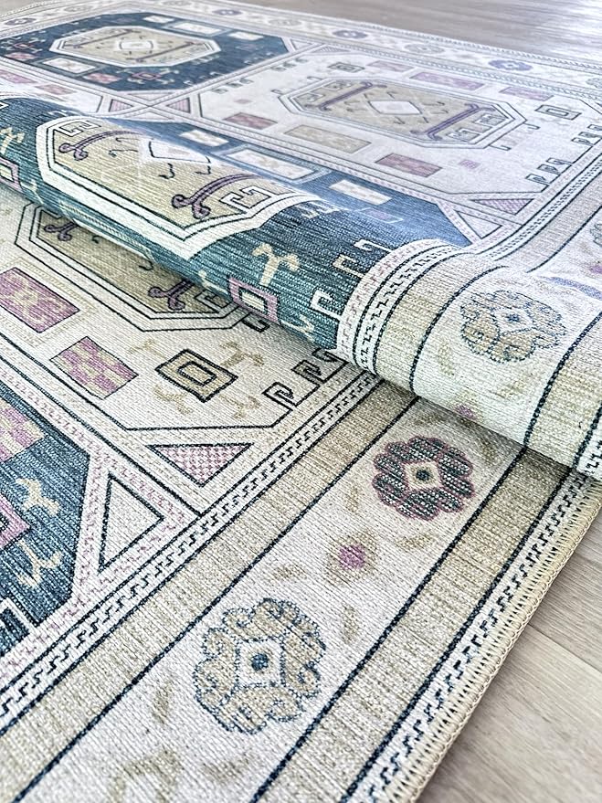 Fame Living Faded Oushak Rug, Turkish Vintage Floral Pastel Large Oversized Area Rugs for Living Room Dining Bedroom Kitchen Bathroom Nursery (848CrNv, 2' x 3')