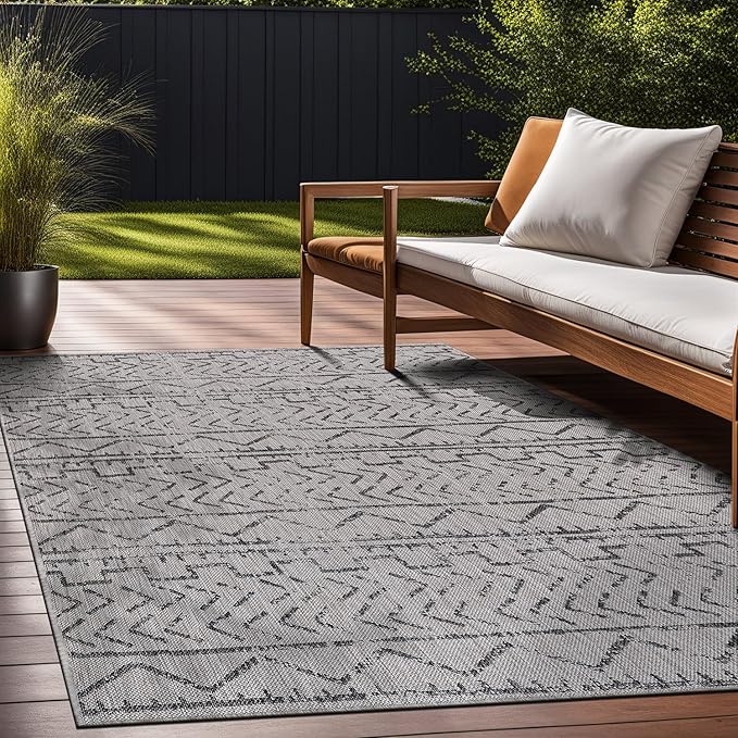 Beverly Rug Waikiki Indoor Outdoor Rug 6x9, Washable Outside Carpet for Patio, Deck, Porch, Trellis Area Rug, Water Resistant, Dark Grey - Light Grey