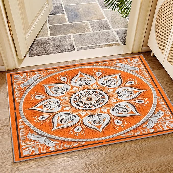 Mandala Rugs 5x7 -Orange Mandala Rug, 3x5 ft, Vintage Meditation Area Rug, Hippie Spiritual Washable Non-Slip Rugs for Entryway, Boho Vintage Floral Home Decor & Gifts