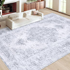 Area Rug 9x12 Living Room Rug, Machine Washable Vintage Distressed Medallion Rug Non-Slip Soft Low Pile Large Indoor Rugs for Bedroom Kitchen Dining Room Office(LightGrey,9'x12')
