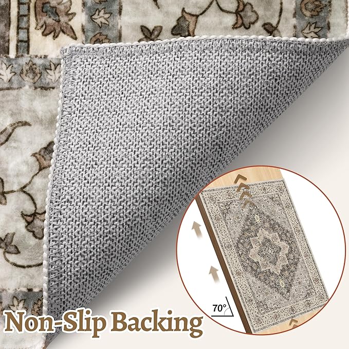 Tangsoo 2x5 Washable Runner Rug for Hallways, Non Slip Vintage, Soft Low Pile Long Runner, Print Distressed Grey Runners for Kitchen Bedroom Entryway Bathroom Living Room