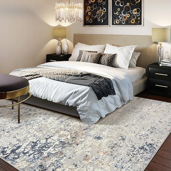Area Rug Living Room Rugs - 7x9 Large Soft Indoor Neutral Modern Abstract Low Pile Washable Rug Carpet for Bedroom Dining Room Farmhouse Home Office - Beige Blue