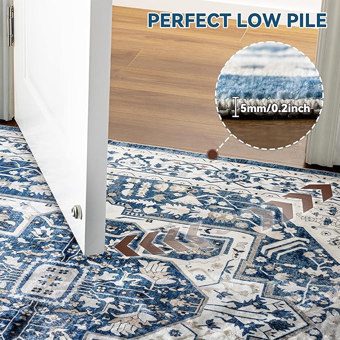 EnHomee 8x10 Area Rugs Washable for Bedroom, Boho Vintage Rugs, Foldable Area Rug for Dining Room, Non-Slip Soft Living Room Rug, Low Pile Large Carpet for Bathroom, Blue and White