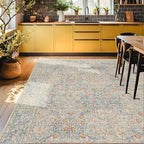 7x10 Washable Rug for Living Room - Stain Resistant Dining Room Rugs for Under Table, Soft Low Pile Large Carpet for Bedroom - Vintage Floral Non-Slip (Beige Blue)