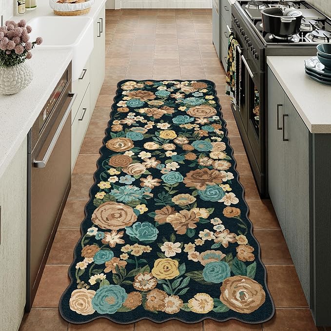 Washable Floral Runner Rug 2x5 Black Hallway Carpet Scalloped Flower Non Slip Soft Long Kitchen Runner Farmhouse Low Pile Thin Indoor Floor Cover for Bathroom Bedroom Laundry Room Entryway