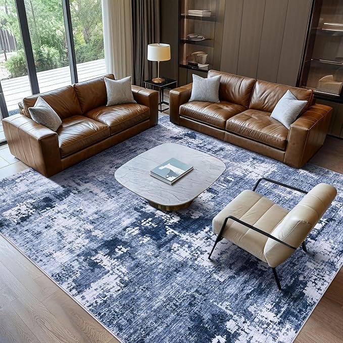 Area Rug Living Room Rugs - 7x9 Washable Large Soft Indoor Neutral Modern Abstract Low Pile Rug Carpet for Bedroom Dining Room Farmhouse Home Office - Navy Blue