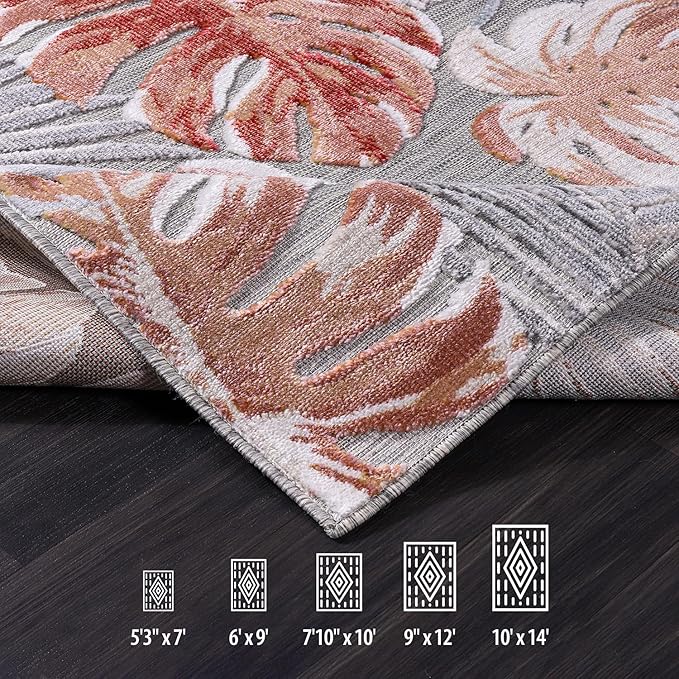 CAMILSON Indoor Outdoor Rug, Multi Color 6’x9’ Leaf Tropical Botanical Area Rugs for Indoor and Outdoor patios, Easy-Cleaning Non-Shedding Living Room, Garden and Kitchen Washable Outside Carpet (6x9)