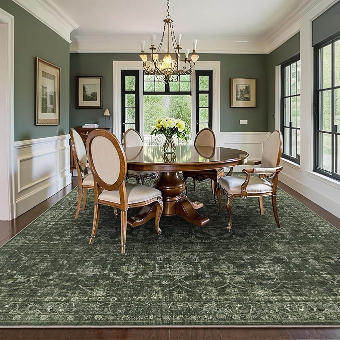 Washable Area Rug 8x10 Green Rugs for Living Room, Vintage Boho Large Rug for Bedroom Dining Room Office, Distressed Floral Print Carpet for Under Table, Soft Non Slip Low Pile Throw Carpet Indoor Mat