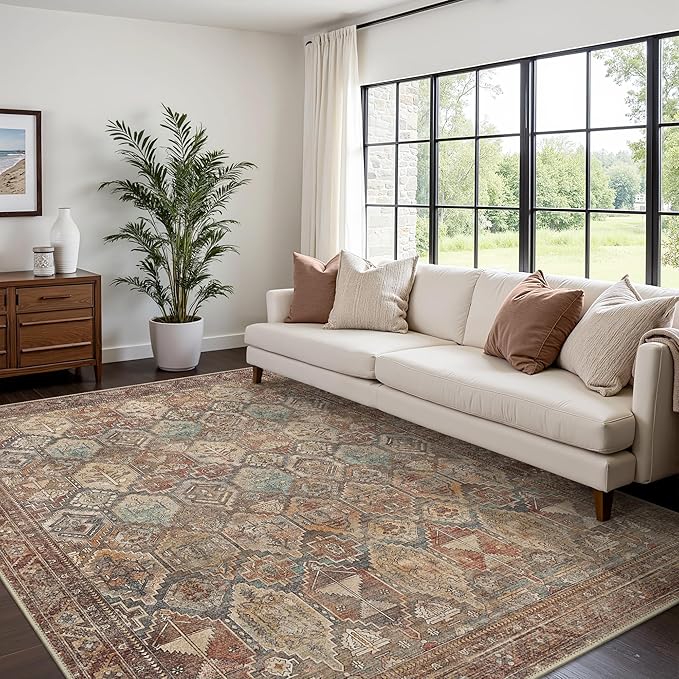 Bavni Washable Rug 5x7 Area Rug for Living Room Bedroom Dining, Washable Vintage Print Carpet, Ultra-Thin Low Pile Lightweight Rug with Non Slip Backing, Reddish Brown