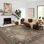 Bavni Washable Rug 3x5 Area Rug for Living Room Bedroom Dining, Washable Print Carpet, Low Pile Lightweight Rug with Non Slip Backing, Vintage Brown/Blue