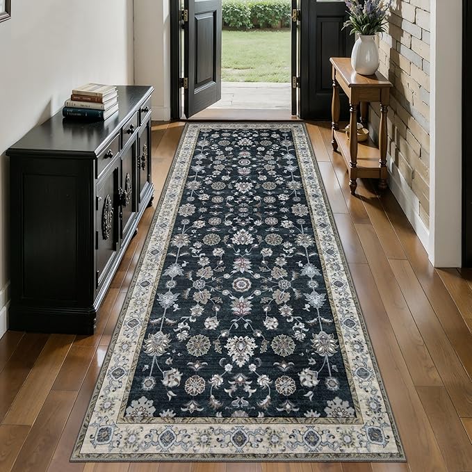 Tangsoo 2.6x10 Washable Runner Rug for Hallways, Floral Vintage Runner Rug Non Slip, Soft Low Pile Long Rug Runner, Black Carpet Runners for Kitchen Bedroom Entryway Living Room