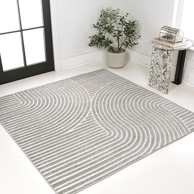 JONATHAN Y Hallie High-Low Curve Gray/Ivory 9x9 Square Indoor/Outdoor Area Rug, Minimalist, Pet Friendly, Non-Shedding, Stain Resistant, Hose-Washable for Backyard, Patio, Porch (SCN100A-9SQ)