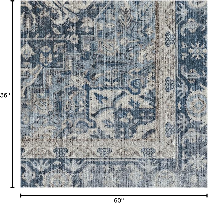RUGGABLE Washable Area Rug – Kamran Admiral Blue 3x5, Stain-Resistant, Non-Slip – Small Machine Washable Rugs for Living Room, Bedroom, Hallway, Entryway & Office–with Cushioned Pad