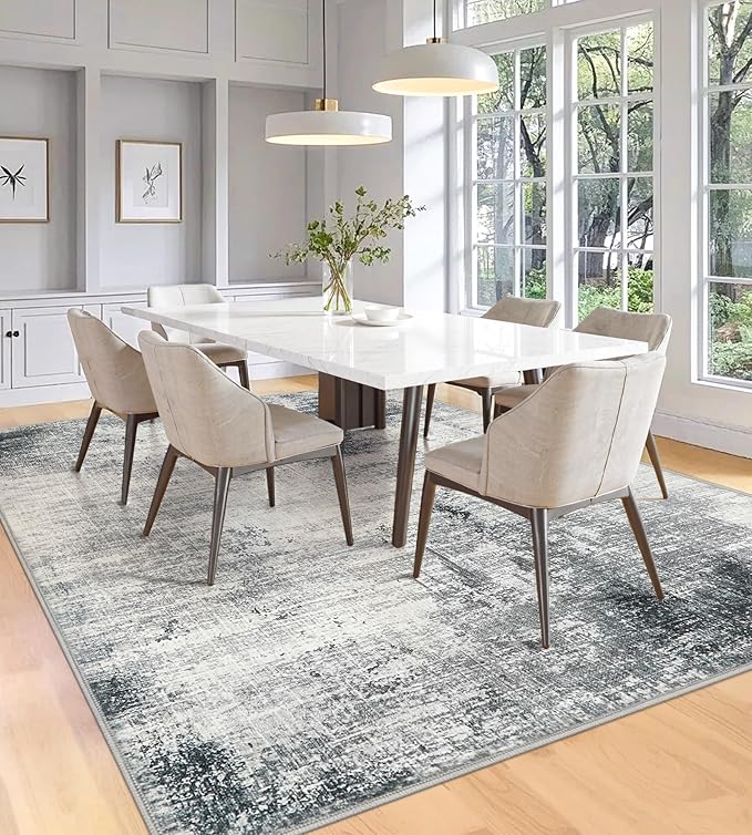 7x9 Washable Area Rugs - Modern Abstract Rugs for Living Room Non-Slip Low Pile Soft Machine Washable Carpet for Bedroom, Dining Room, Nursery, Home Office, Farmhouse (7'x9' Dark Grey)