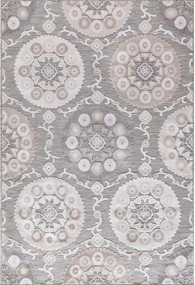 CAMILSON Indoor Outdoor Rug 9x12 Bohemian Medallion Floral Area Rugs for Indoor and Outdoor Patios Easy-Cleaning Non-Shedding Living Room Garden and Kitchen Washable Outside Carpet (9 x 12 / Beige)