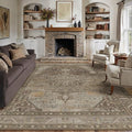 9x12 Brown Washable Vintage Area Rug for Living Room Bedroom Non Slip Distressed Traditional Soft Large Throw Rug Low Pile Lightweight Floral Carpet Classroom Office Home Decor