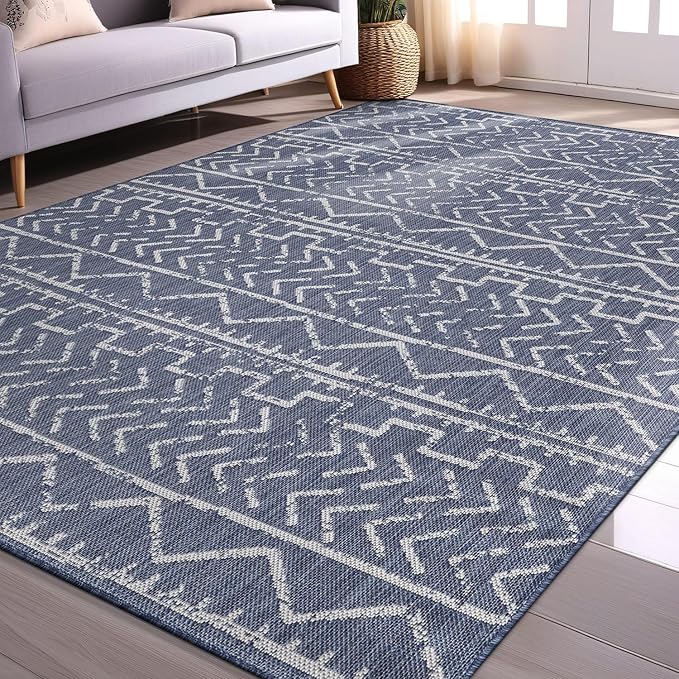 Beverly Rug Waikiki Indoor Outdoor Rug 5x7, Washable Outside Carpet for Patio, Deck, Porch, Trellis Area Rug, Water Resistant, Blue - White