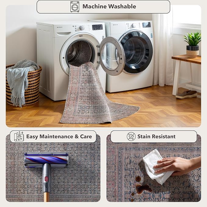 Kuden 8x10 Large Area Rug, Machine Washable Area Rug with Non-Slip Backing, Vintage Style, Soft, Easy Clean, Low Pile Rug for Living Room, Bedroom, Dining Room