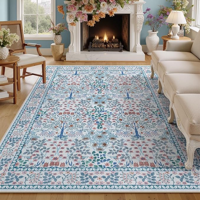 6x9 Area Rugs Living Room Rug - Floral Vintage Morris-Inspired Washable Carpet, Low Pile Non-Shedding Stain Resistance Boho Soft Carpet for Bedroom, Dining Room, Office, Farmhouse (6'x9' Blue/Pink)