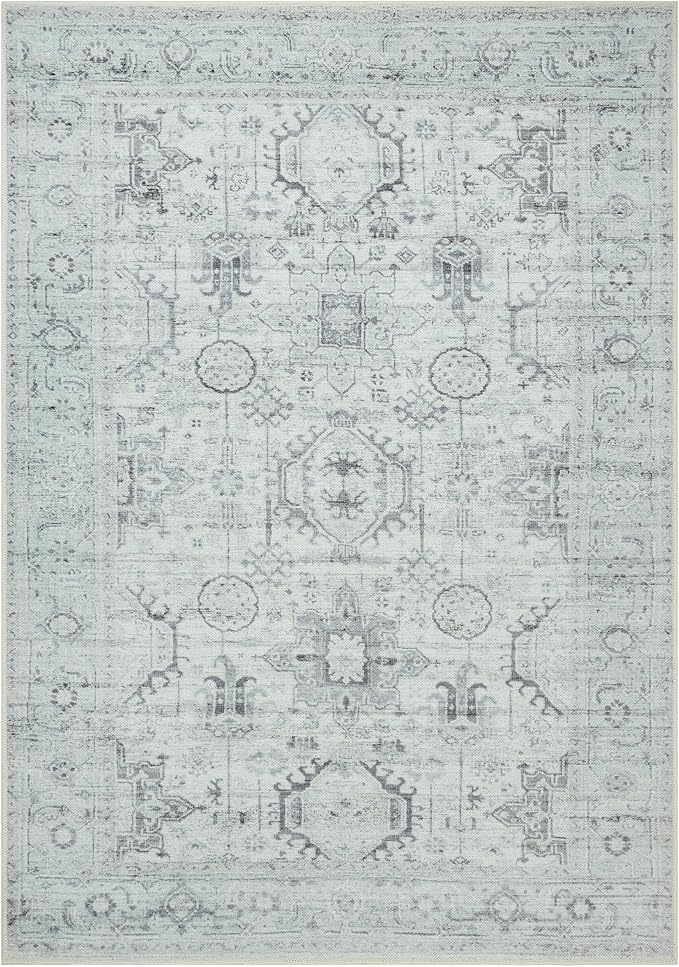 GLN Rugs Traditional Collection - Machine Washable Area Rug, Traditional Washable, Non Slip, Low Pile Chenille Rug, Living Room, Bedroom, Kitchen Rug (4' x 6' Cream/Gray/Sea Salt)