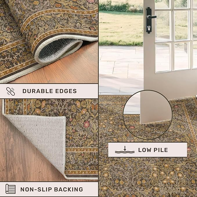 Non Slip 2x8 Gold Brown Long Hallway Runner Rug - Washable Entryway Rug, Stain Resistant Kitchen Floor Mat - Vintage Floral Indoor Décor, Low Pile & Soft Carpet