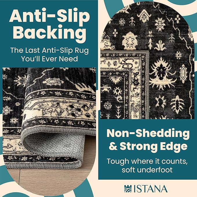 Istana 5x7 Area Rug - Black Rugs for Living Room 5x7 - Foldable Rugs for Bedroom - Stain Resistant Washable Rug - Eco-Friendly Boho Area Rugs - Easy to Clean Living Room Rug