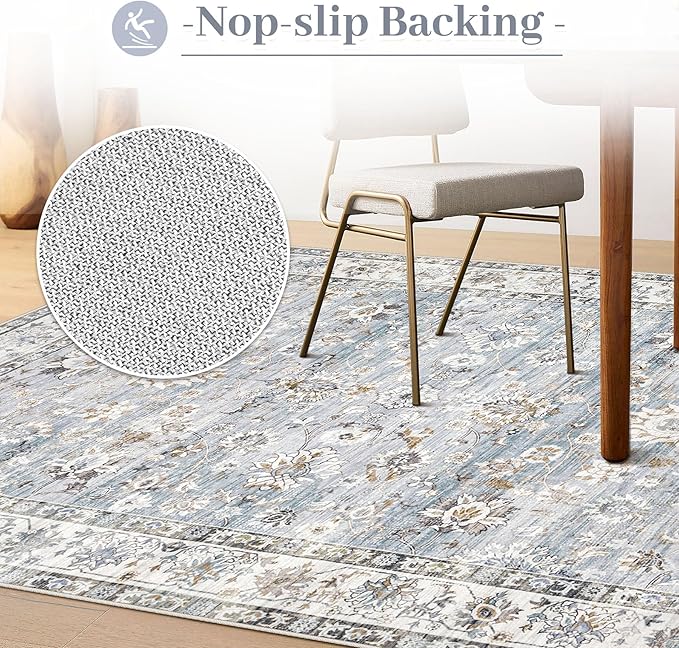 Area Rug 10x14 Living Room Rugs, Machine Washable Vintage Distressed Boho Area Rug Non-Slip Soft Low Pile Large Indoor Rugs for Bedroom Kitchen Dining Room Office(Light Blue,10'x14')