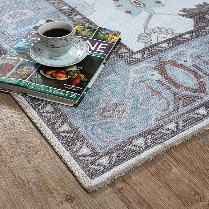 Fame Living Cream Grey Oushak Rug, Modern, Vintage, Turkish, Eclectic, Floral, Pastel, Washable, Extra Large Area Rugs for Living Room, Dining, Bedroom, Lounge, 9'x12'