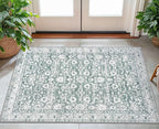 Vintage Floral 3x5 Rug, Sage Green White Entryway Rug Small Area Rug Washable Non-Slip Throw Rug, Thin Printed Faux Wool Low-Pile Kitchen Rugs Super Soft Capet for Entrance Bedroom Office
