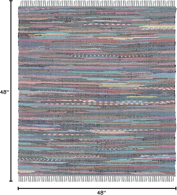 SAFAVIEH Rag Rug Collection Area Rug - 4' Square, Aqua & Multi, Handmade Boho Stripe Cotton, Ideal for High Traffic Areas in Living Room, Bedroom (RAR121K)