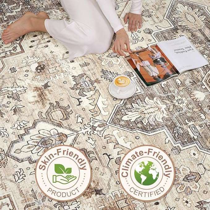 10x14Ft Area Rugs Living Room: Washable Boho Large Neutral Vintage Soft Rug Stain Resistant Farmhouse Non Slip Indoor Floor Carpet for Bedroom Nursery Kids Playroom Office Dining Room- Beige Brown