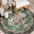 Round Rug 4ft for Bedroom, Green Washable Circle Rug Non-Slip Boho Area Rug 4' Round Carpet for Dining Room Kitchen Dorm Bathroom Low Pile Soft