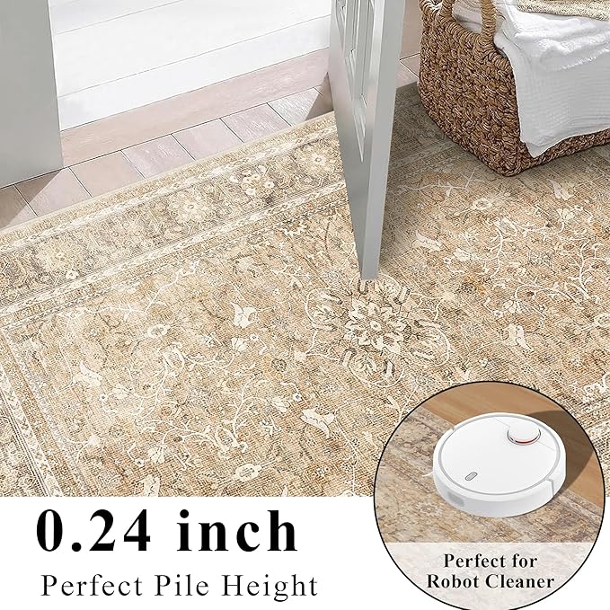 2.6x8 Runner Rug for Hallways Vintage Distressed Non Slip Long Carpet Floral Boho Distress Print Pattern Mat Lightweight Retro Accent Throw Carpet for Kitchen Bedroom Bedside Laundry Room﻿-Khaki