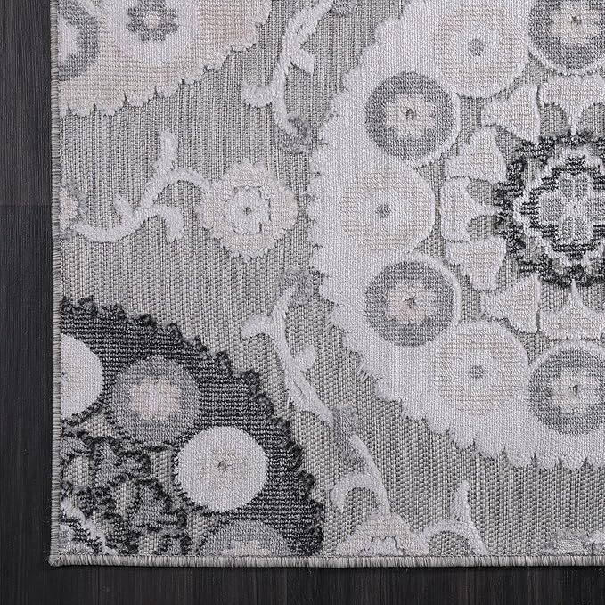 CAMILSON Indoor Outdoor Rug 5x7 Bohemian Medallion Floral Area Rugs for Indoor and Outdoor Patios Easy-Cleaning Non-Shedding Living Room Garden and Kitchen Washable Outside Carpet (5 x 7 / Gray)