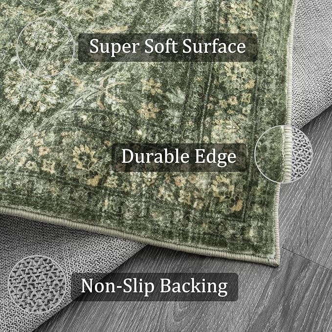 Morebes Area Rug 4x6 Vintage Washable Boho Rugs for Bedroom, Soft Living Room Carpet Non-Slip Non-Shedding Faux Wool Rug for Farmhouse Dining Room Indoor Kids Playroom, Grayish Green