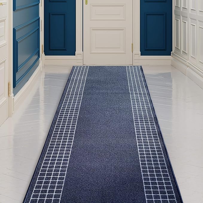 Custom Made Runner Rug for Kitchen Foyer Hallway Entry Choose Your Length 31 Inch Wide Geometric CheckeBlue Design Blue Color (35 feet x 31 Inch)