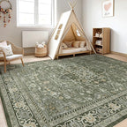 9x12 Area Rug Living Room: Washable Boho Large Neutral Vintage Soft Rugs Stain Resistant Farmhouse Non Slip Indoor Floor Carpet for Bedroom Nursery Kids Playroom Office Dining Room Home- Dark Green