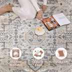 Round Rug Living Room Rugs: 8x8 Washable Boho Neutral Large Circle Soft Indoor Distressed Stain Resistant Floor Farmhouse Carpet for Bedroom Nursery Kids Playroom Office Dining Room Dorm- Cream Gray