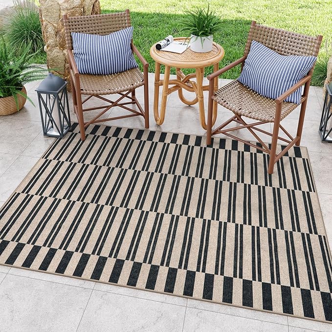 Lahome Striped Easy Jute Rug, 5x7 Outdoor Patio Rug Neutral Dining Room Rug Indoor Outdoor Carpet, Farmhouse Washable Non Slip Black Carpet for Backyard Living Room Office Deck