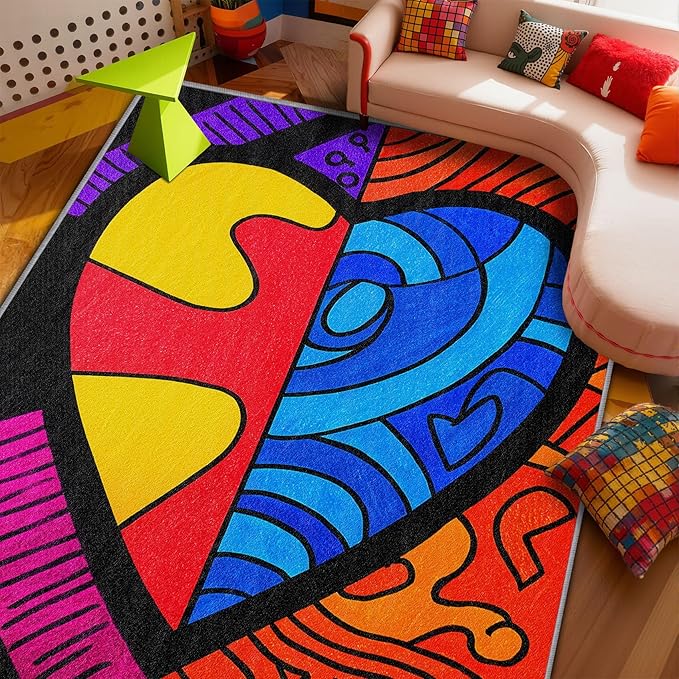 Abstract Area Rugs - Colorful Pop Art Rug 4x5, Hippie Aesthetic Funky High Traffic Shed Resistant Carpets Room Decor #C121
