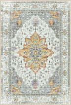 Area Rugs Square 10ft Washable Non-Slip, Floral Vintage Distress Print Pattern Medallion Carpet for Living Room Bedroom Dining Room, Light Yellow Carbon Grey Orange