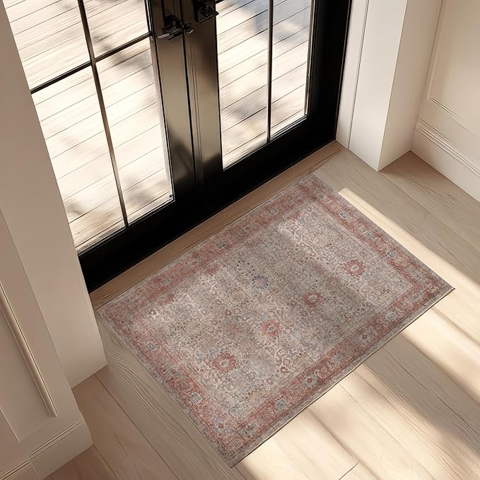 Kuden 2x3 Small Rug, Machine Washable, Non-Slip Backing, Vintage Style, Soft, Low Pile, Area Rugs for Entryway Kitchen Indoor Entrance